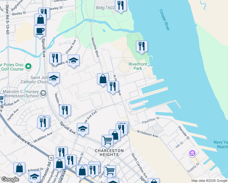 map of restaurants, bars, coffee shops, grocery stores, and more near 2130 N Hobson Ave in North Charleston