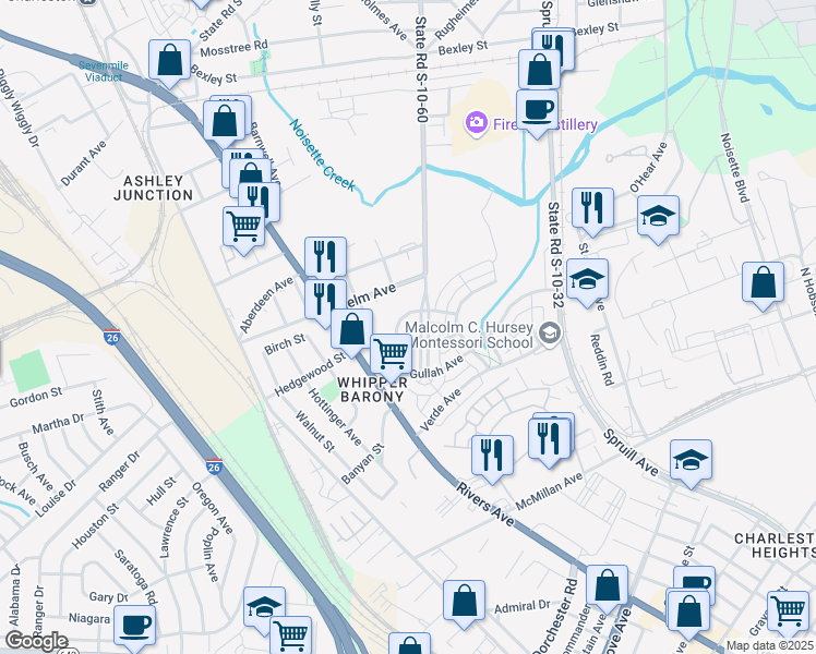map of restaurants, bars, coffee shops, grocery stores, and more near 3944 Whipper Barony Lane in North Charleston