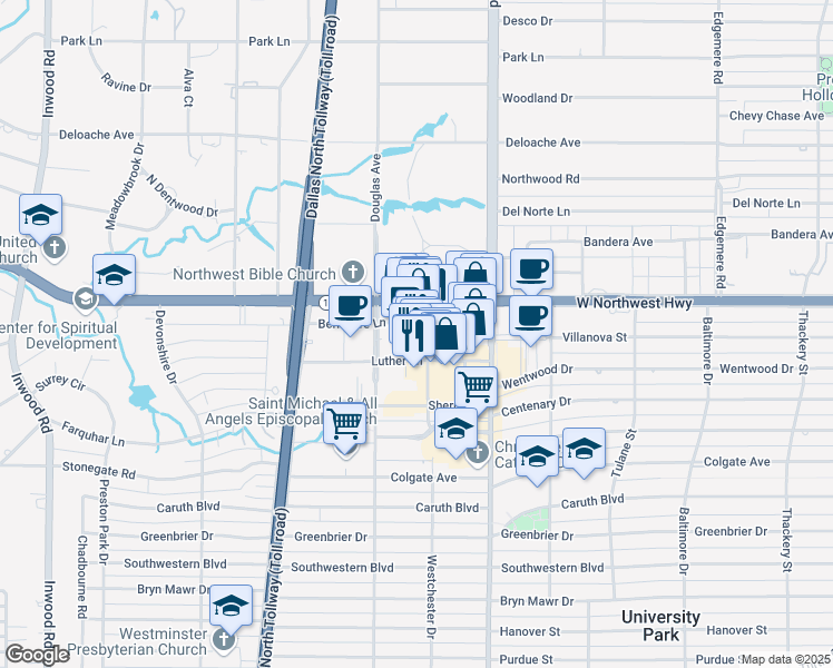 map of restaurants, bars, coffee shops, grocery stores, and more near 6033 Berkshire Lane in Dallas