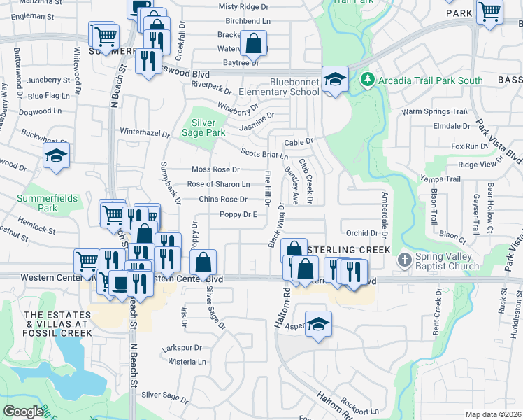 map of restaurants, bars, coffee shops, grocery stores, and more near 4752 China Rose Drive in Fort Worth