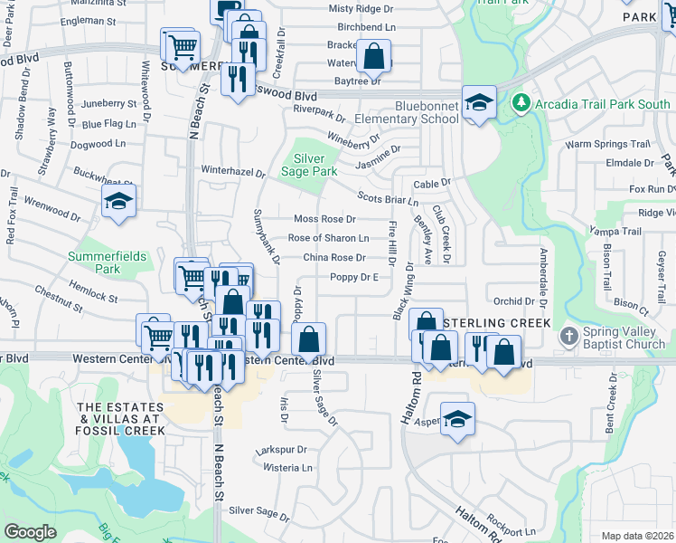 map of restaurants, bars, coffee shops, grocery stores, and more near 4720 China Rose Drive in Fort Worth