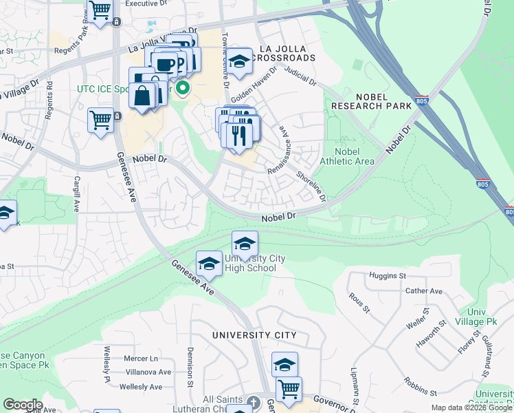 map of restaurants, bars, coffee shops, grocery stores, and more near 7122 Calabria Court in San Diego