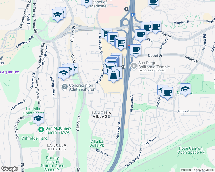 map of restaurants, bars, coffee shops, grocery stores, and more near 8683 Via Mallorca in San Diego
