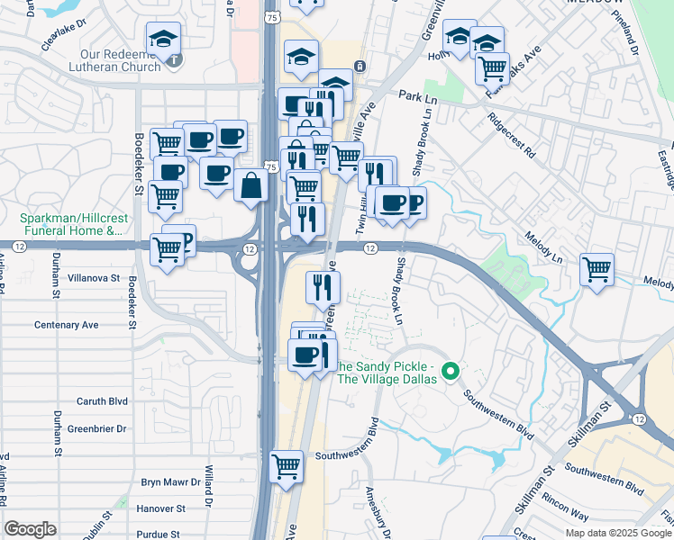 map of restaurants, bars, coffee shops, grocery stores, and more near Northwest Highway in Dallas