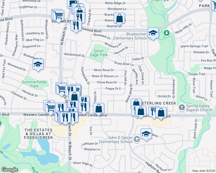 map of restaurants, bars, coffee shops, grocery stores, and more near 4720 China Rose Drive in Fort Worth
