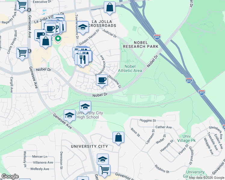 map of restaurants, bars, coffee shops, grocery stores, and more near 7254 Shoreline Drive in San Diego