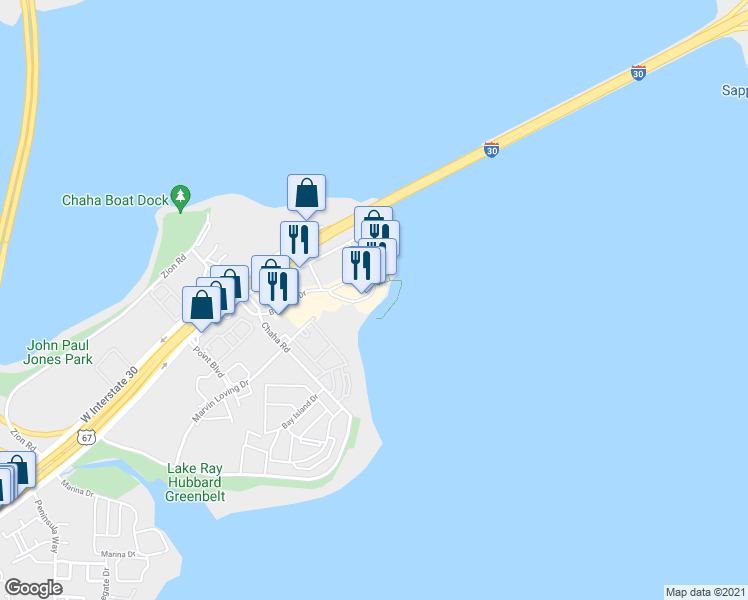 map of restaurants, bars, coffee shops, grocery stores, and more near 4861 Bass Pro Drive in Garland