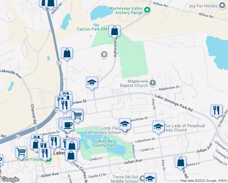 map of restaurants, bars, coffee shops, grocery stores, and more near 12840 Mapleview Street in Lakeside