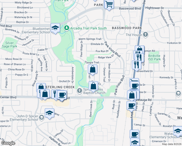 map of restaurants, bars, coffee shops, grocery stores, and more near 6728 Bison Trail in Watauga
