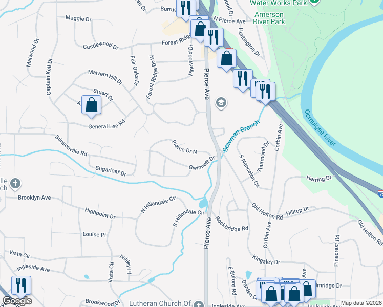 map of restaurants, bars, coffee shops, grocery stores, and more near 2745 Pierce Drive North in Macon