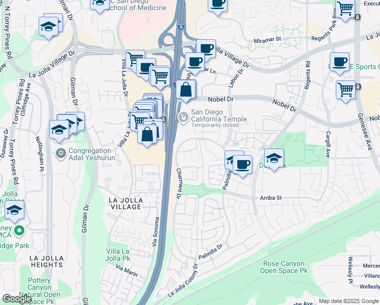 map of restaurants, bars, coffee shops, grocery stores, and more near 7405 Charmant Drive in San Diego