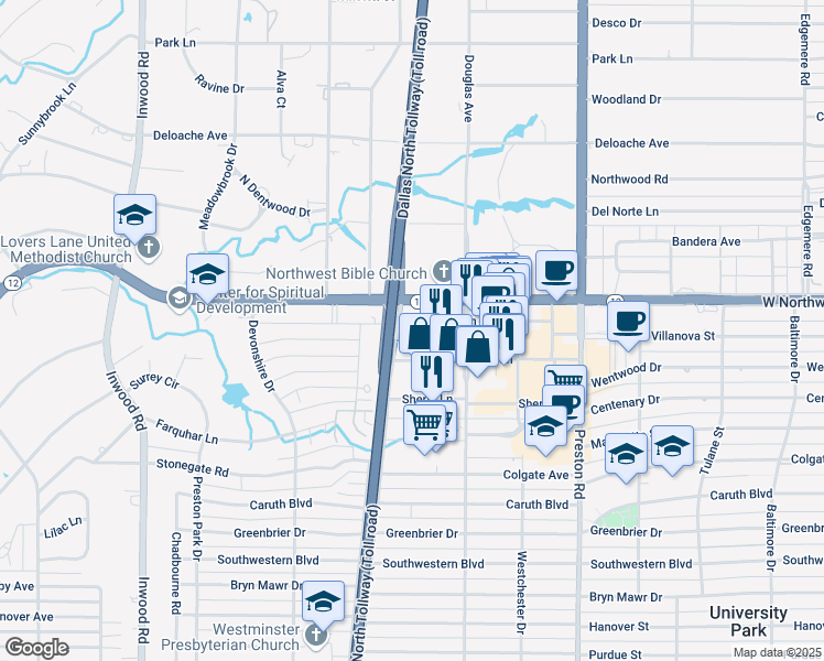 map of restaurants, bars, coffee shops, grocery stores, and more near 5950 Berkshire Lane in Dallas