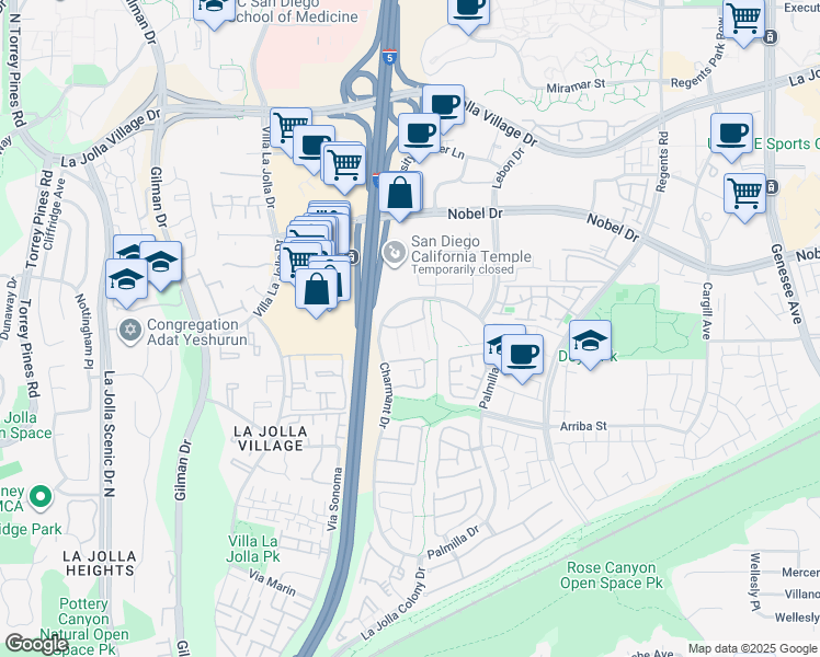 map of restaurants, bars, coffee shops, grocery stores, and more near 7425 Charmant Drive in San Diego