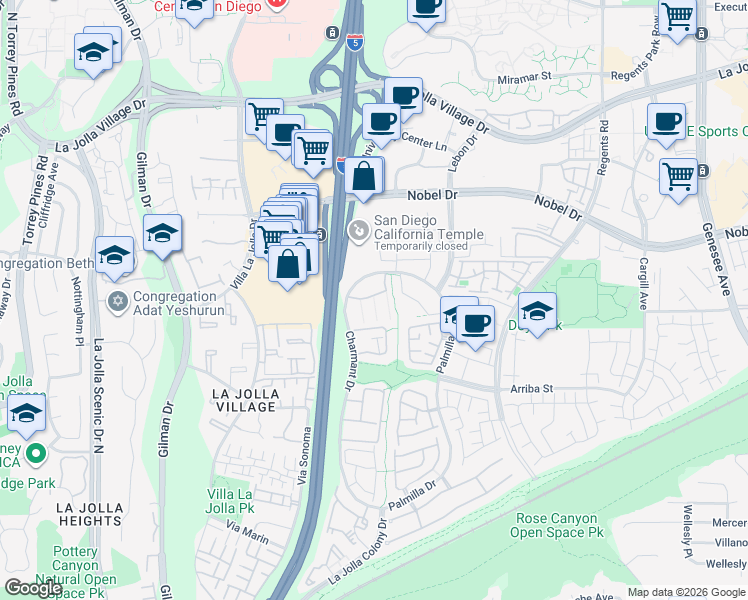 map of restaurants, bars, coffee shops, grocery stores, and more near 7425 Charmant Drive in San Diego