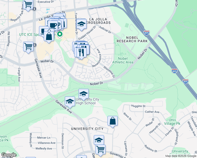 map of restaurants, bars, coffee shops, grocery stores, and more near 7175 Calabria Court in San Diego