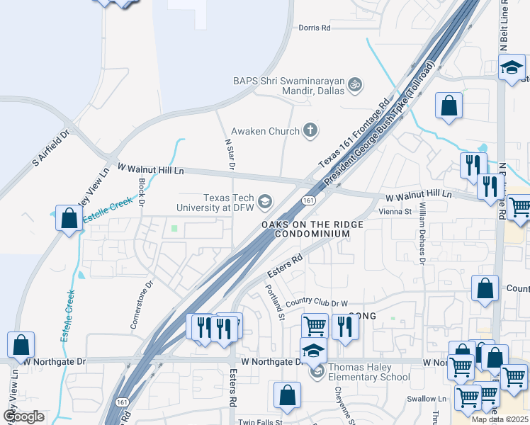 map of restaurants, bars, coffee shops, grocery stores, and more near 4201 Highway 161 in Irving