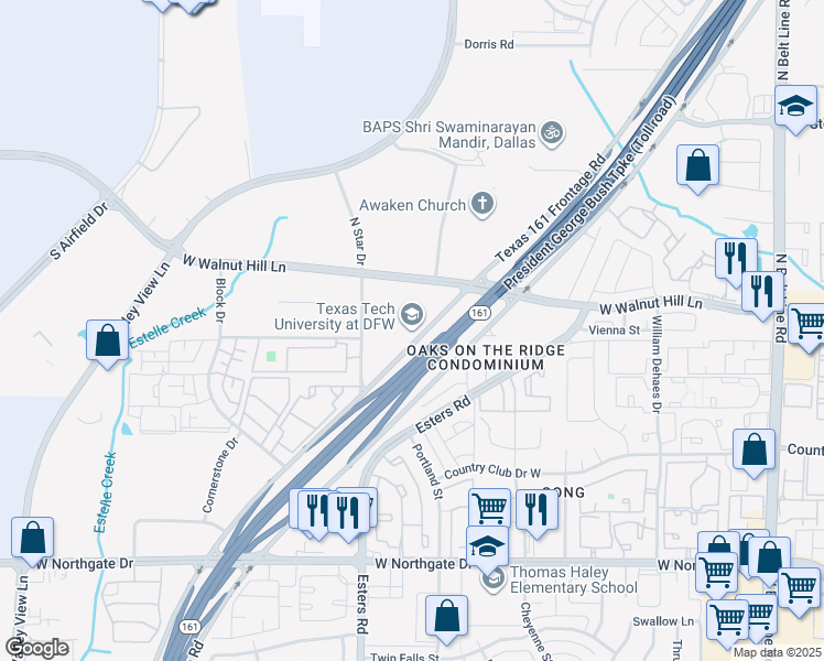map of restaurants, bars, coffee shops, grocery stores, and more near 4201 Highway 161 in Irving
