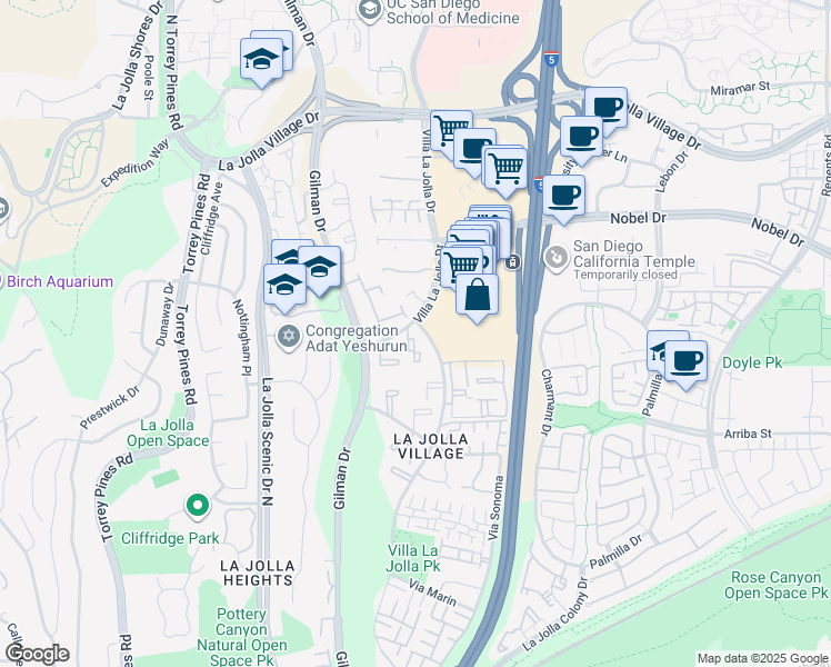 map of restaurants, bars, coffee shops, grocery stores, and more near 8605 Villa La Jolla Drive in San Diego