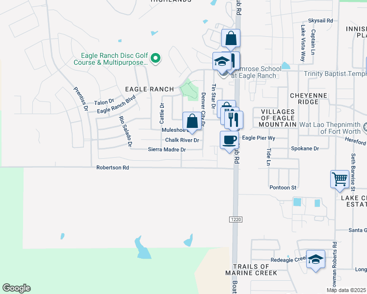 map of restaurants, bars, coffee shops, grocery stores, and more near 6536 Sierra Madre Drive in Fort Worth