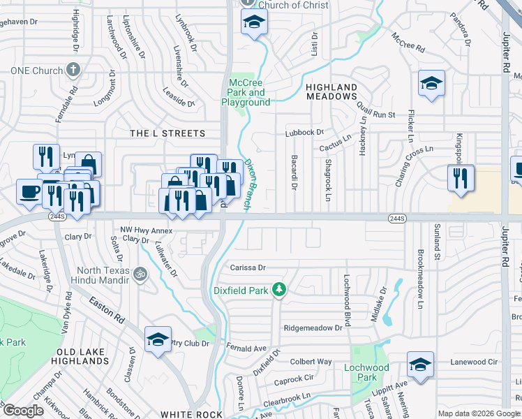 map of restaurants, bars, coffee shops, grocery stores, and more near 10791 East Northwest Highway in Dallas