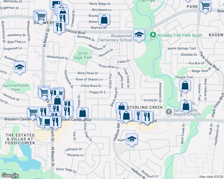 map of restaurants, bars, coffee shops, grocery stores, and more near 6905 Black Wing Drive in Fort Worth