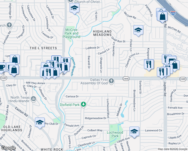 map of restaurants, bars, coffee shops, grocery stores, and more near 8505 Capri Drive in Dallas