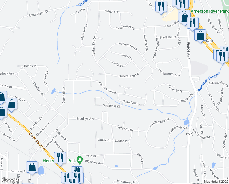 map of restaurants, bars, coffee shops, grocery stores, and more near 3348 Stinsonville Road in Macon