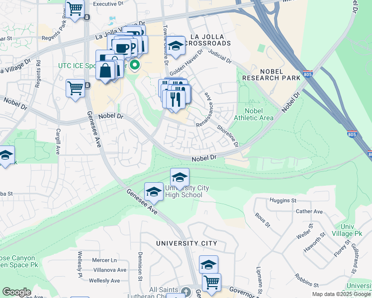 map of restaurants, bars, coffee shops, grocery stores, and more near 7160 Calabria Court in San Diego