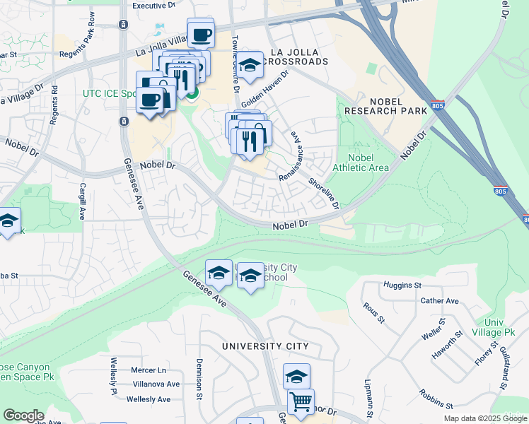 map of restaurants, bars, coffee shops, grocery stores, and more near 7162 Calabria Court in San Diego