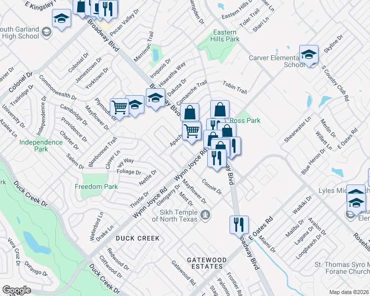 map of restaurants, bars, coffee shops, grocery stores, and more near 3959 Broadway Boulevard in Garland