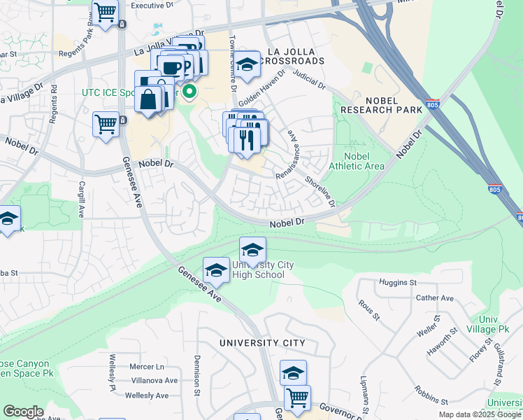 map of restaurants, bars, coffee shops, grocery stores, and more near 7162 Calabria Court in San Diego