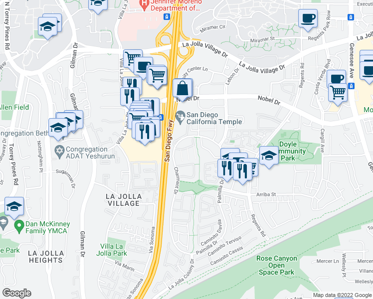 map of restaurants, bars, coffee shops, grocery stores, and more near 7405 Charmant Drive in San Diego