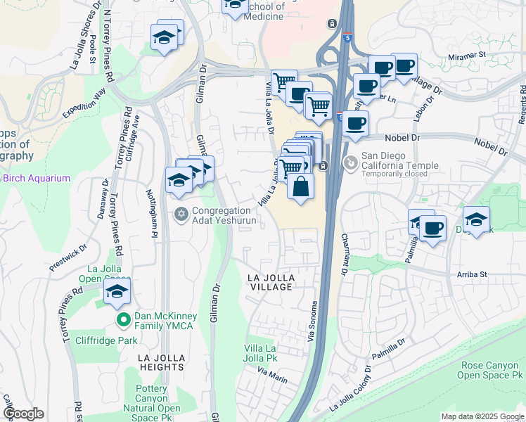 map of restaurants, bars, coffee shops, grocery stores, and more near 8605 Villa La Jolla Drive in San Diego