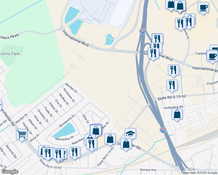 map of restaurants, bars, coffee shops, grocery stores, and more near Rachel Place in North Charleston