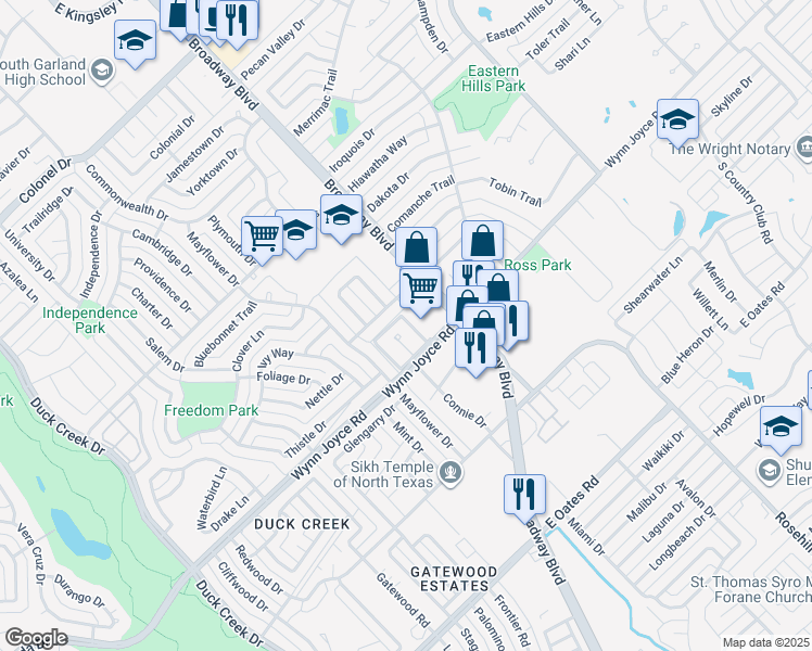 map of restaurants, bars, coffee shops, grocery stores, and more near 3959 Broadway Boulevard in Garland
