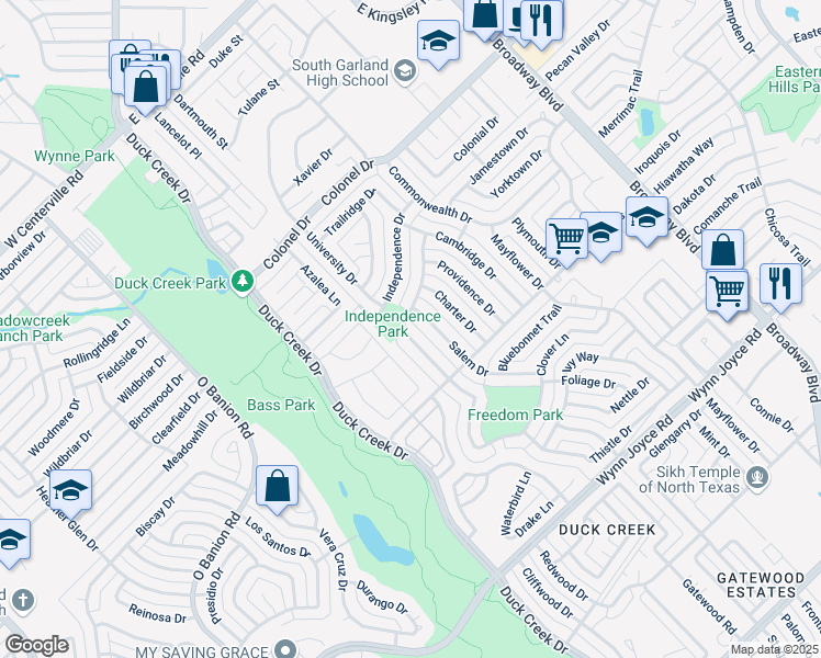 map of restaurants, bars, coffee shops, grocery stores, and more near 4001 Salem Drive in Garland