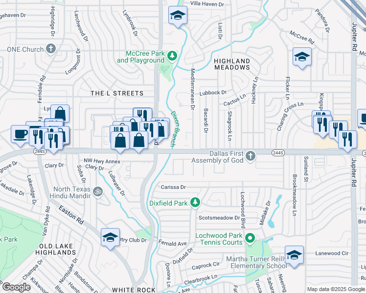 map of restaurants, bars, coffee shops, grocery stores, and more near 10791 East Northwest Highway in Dallas