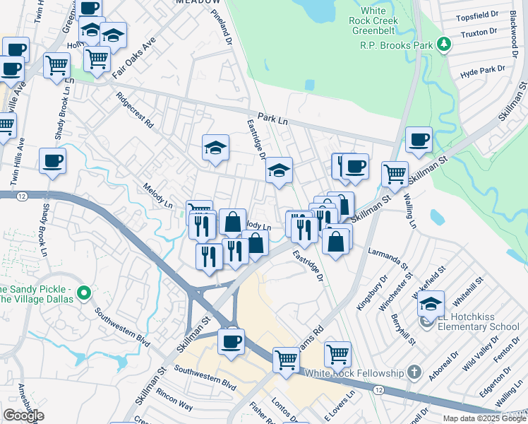 map of restaurants, bars, coffee shops, grocery stores, and more near 6686 Eastridge Drive in Dallas