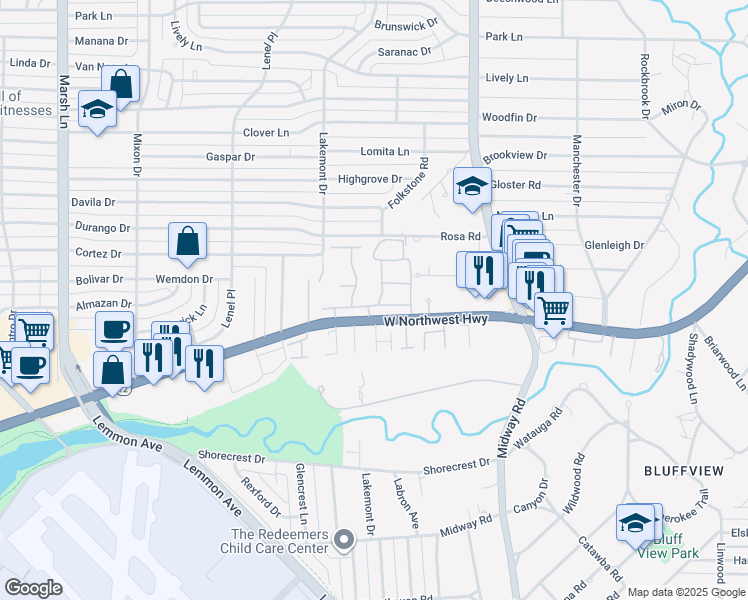 map of restaurants, bars, coffee shops, grocery stores, and more near 9320 Stratford Way in Dallas