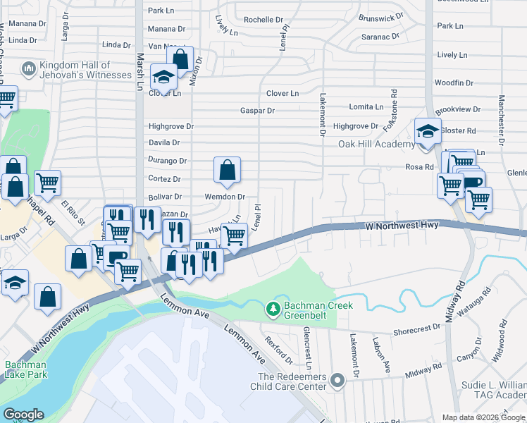 map of restaurants, bars, coffee shops, grocery stores, and more near 9435 Lenel Place in Dallas