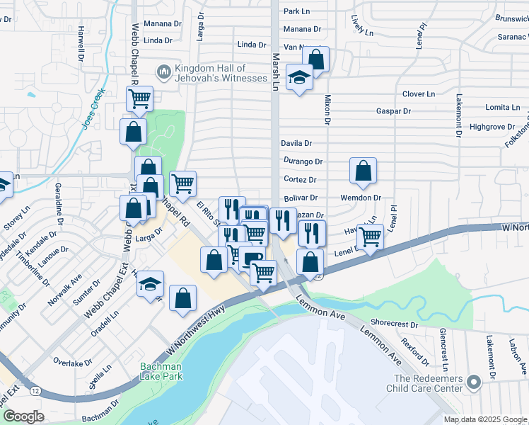 map of restaurants, bars, coffee shops, grocery stores, and more near 3636 Bolivar Drive in Dallas