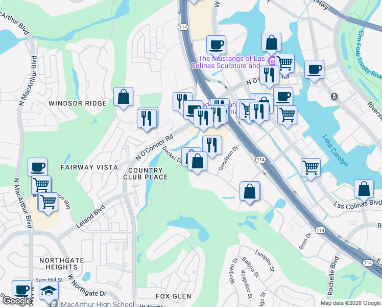 map of restaurants, bars, coffee shops, grocery stores, and more near 101 Decker Drive in Irving