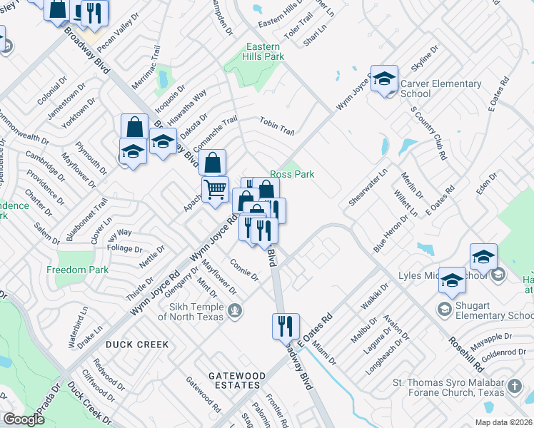 map of restaurants, bars, coffee shops, grocery stores, and more near 1708 Wynn Joyce Road in Garland