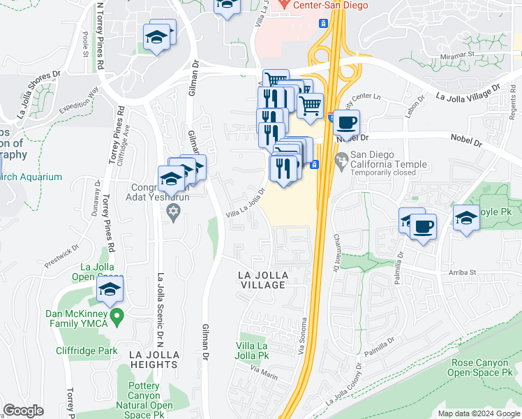 map of restaurants, bars, coffee shops, grocery stores, and more near 8671 Via Mallorca in San Diego
