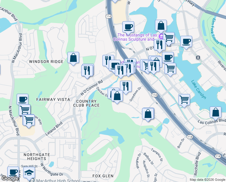 map of restaurants, bars, coffee shops, grocery stores, and more near 101 Decker Drive in Irving
