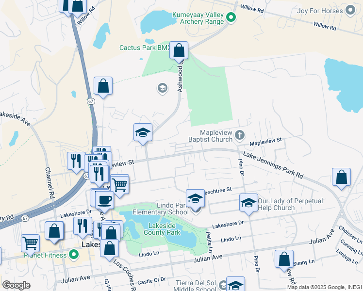 map of restaurants, bars, coffee shops, grocery stores, and more near 12840 Mapleview Street in Lakeside