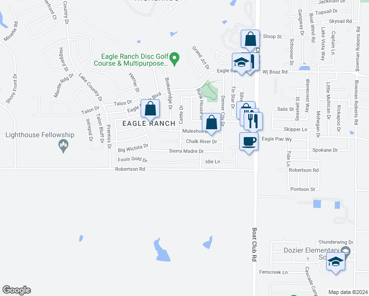 map of restaurants, bars, coffee shops, grocery stores, and more near 6628 Sierra Madre Drive in Fort Worth