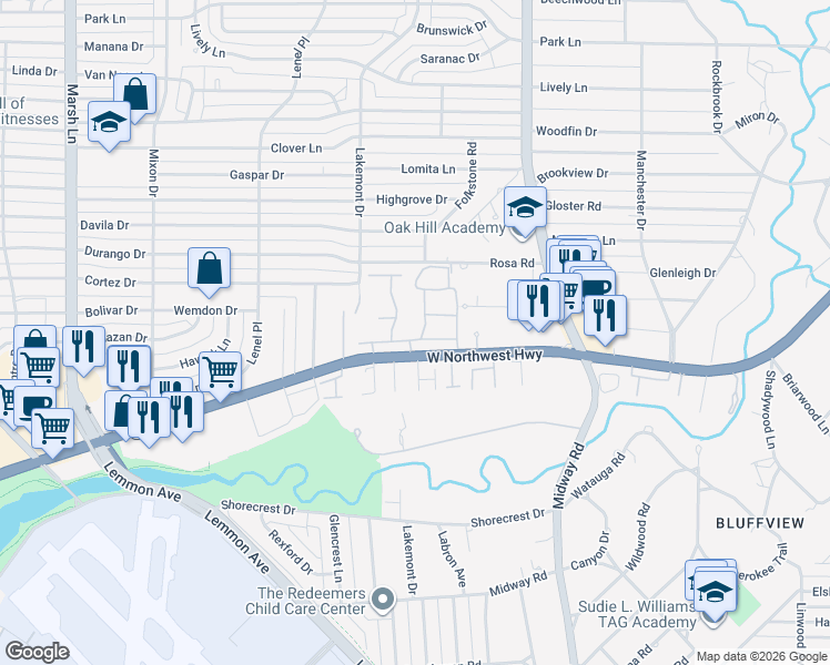 map of restaurants, bars, coffee shops, grocery stores, and more near 9320 Stratford Way in Dallas