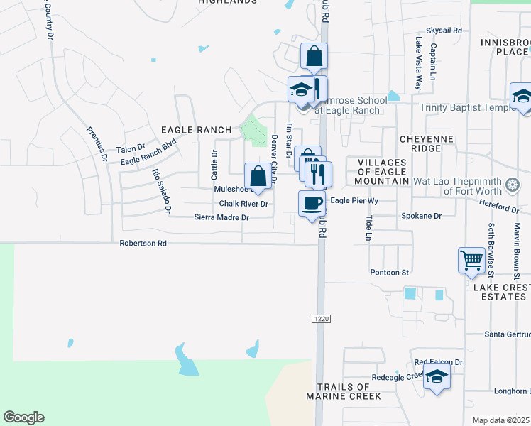 map of restaurants, bars, coffee shops, grocery stores, and more near 6508 Sierra Madre Drive in Fort Worth