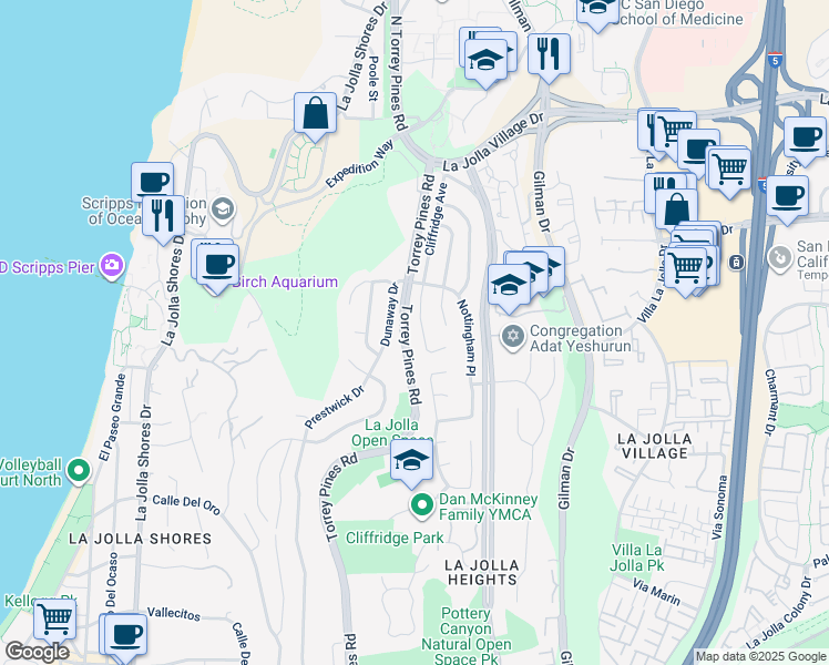 map of restaurants, bars, coffee shops, grocery stores, and more near 8686 Cliffridge Avenue in San Diego